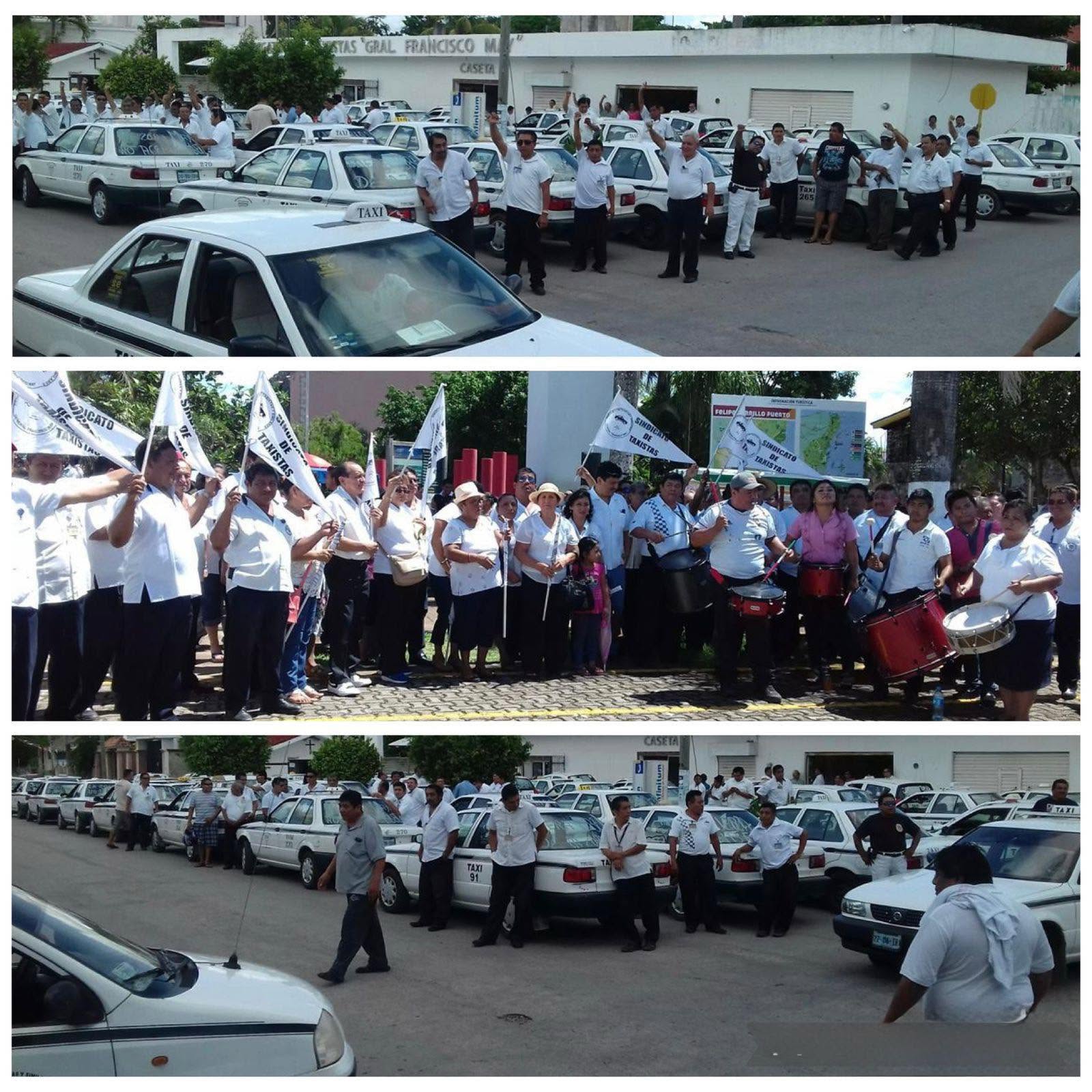 Taxis y compañeros frente a la base, y la marcha con las banderas.
